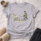 Dog walker carrying treats and a leash with text "UNPAID STAFF".