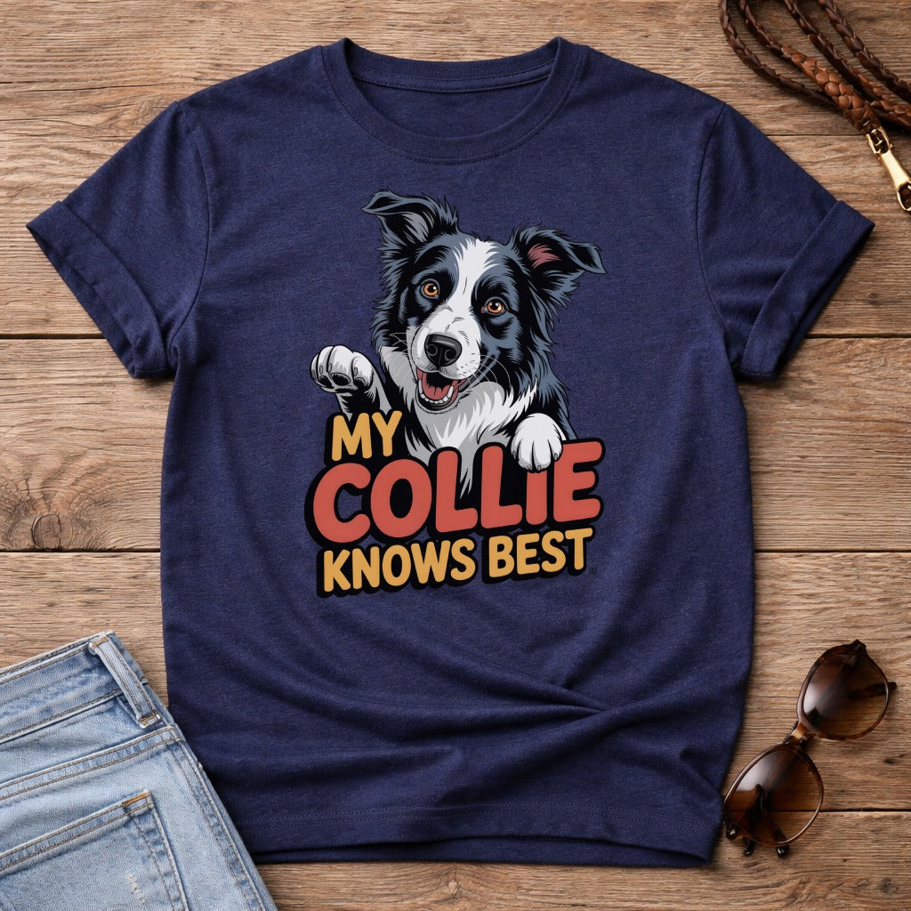 Navy t-shirt with "My Collie Knows Best" text and a collie dog graphic.