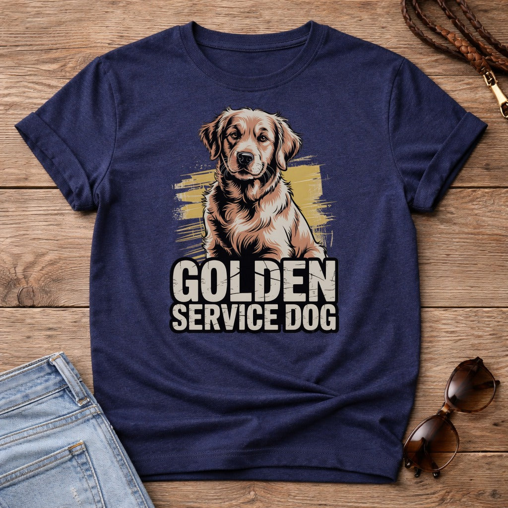 Golden Retriever service dog graphic on a navy t-shirt.
