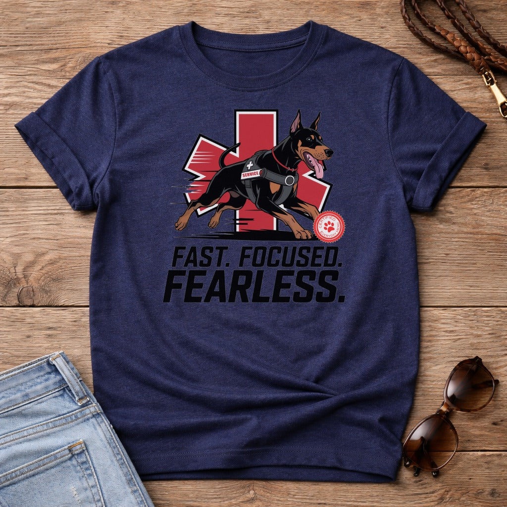 Navy t-shirt with a running dog wearing a service vest and "FAST. FOCUSED. FEARLESS." text.