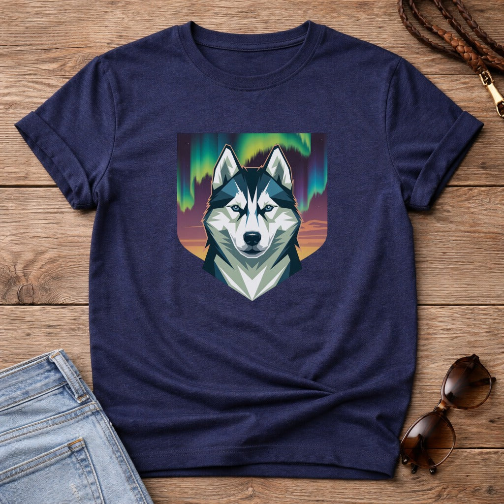 Navy t-shirt with a geometric husky face and aurora borealis design.