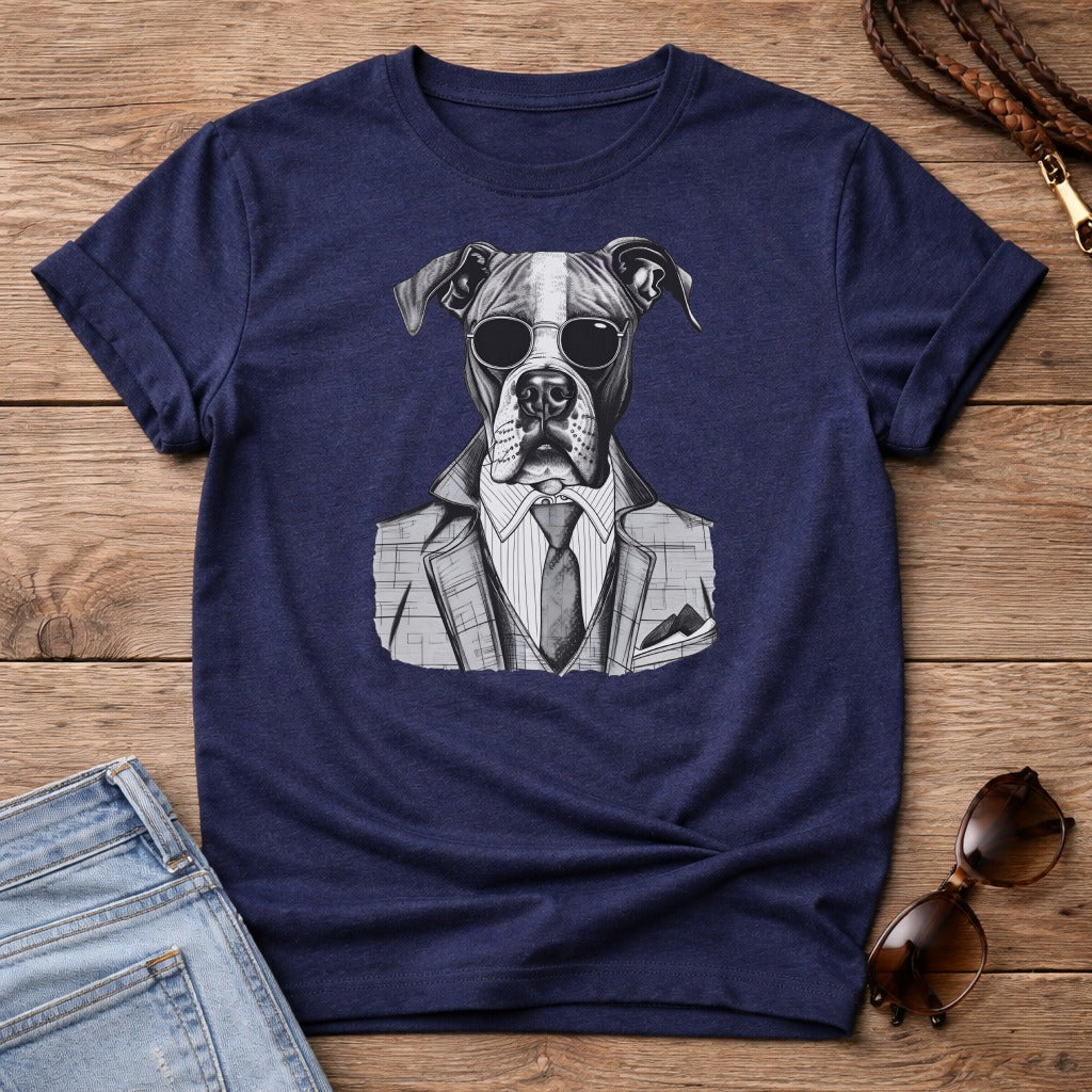 Boxer dog wearing sunglasses and a suit, on a dark blue t-shirt.