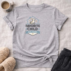 Gray t-shirt with "Favorite Child HAS PAWS" text and dog graphic.