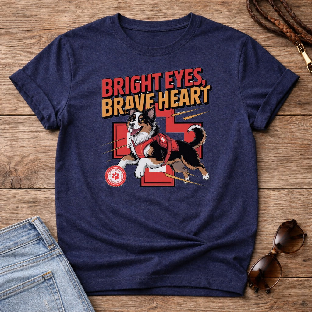 Dark blue t-shirt with "Bright Eyes, Brave Heart" and a dog in a vest.