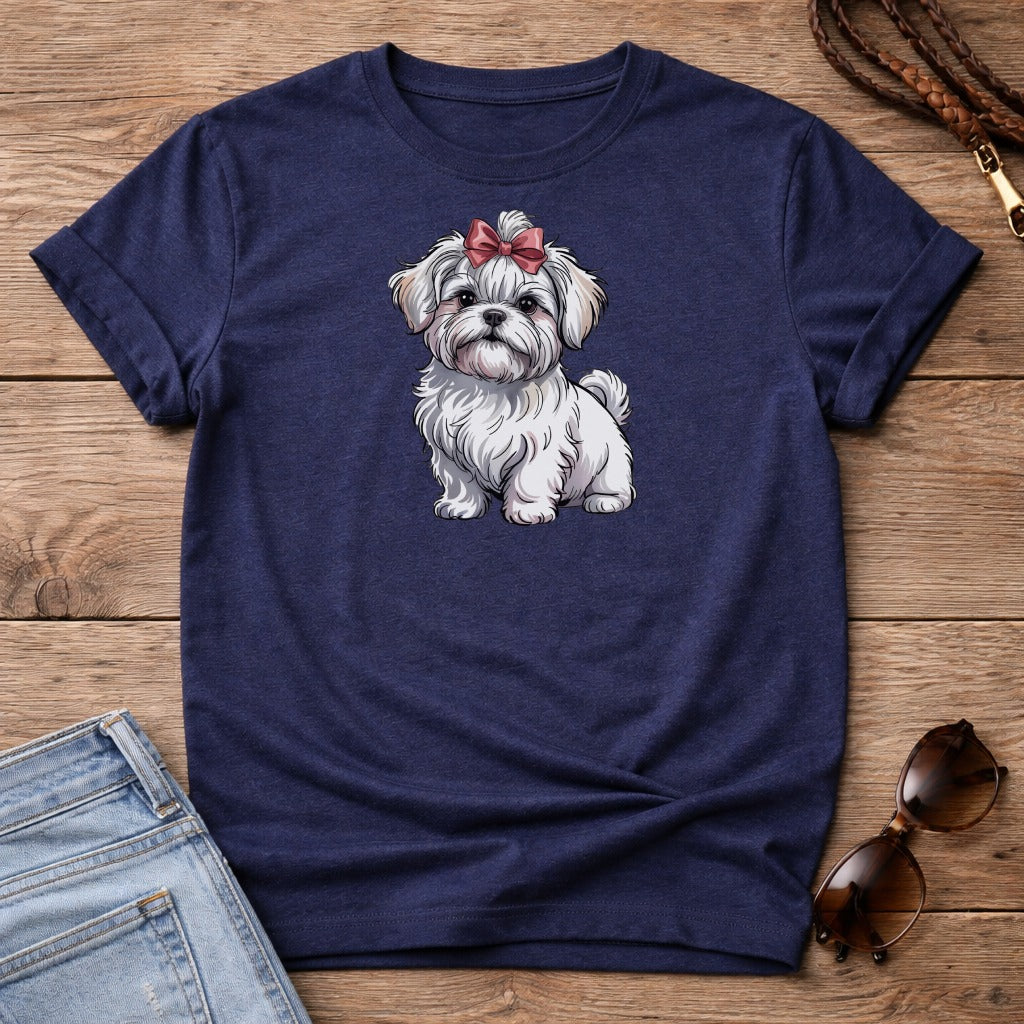 Navy t-shirt with a fluffy white dog wearing a pink bow.
