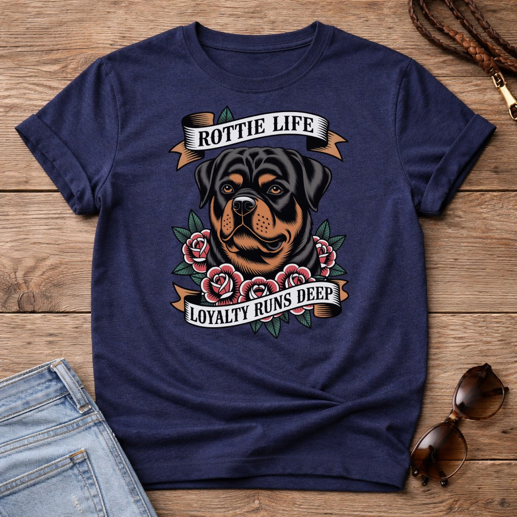 Navy t-shirt with Rottweiler head, roses, and text "Rottlie Life Loyalty Runs Deep".