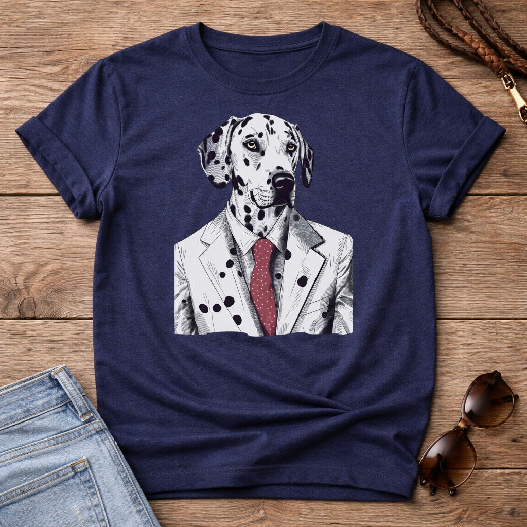 Dalmatian dog wearing a suit and tie, printed on a navy blue t-shirt.