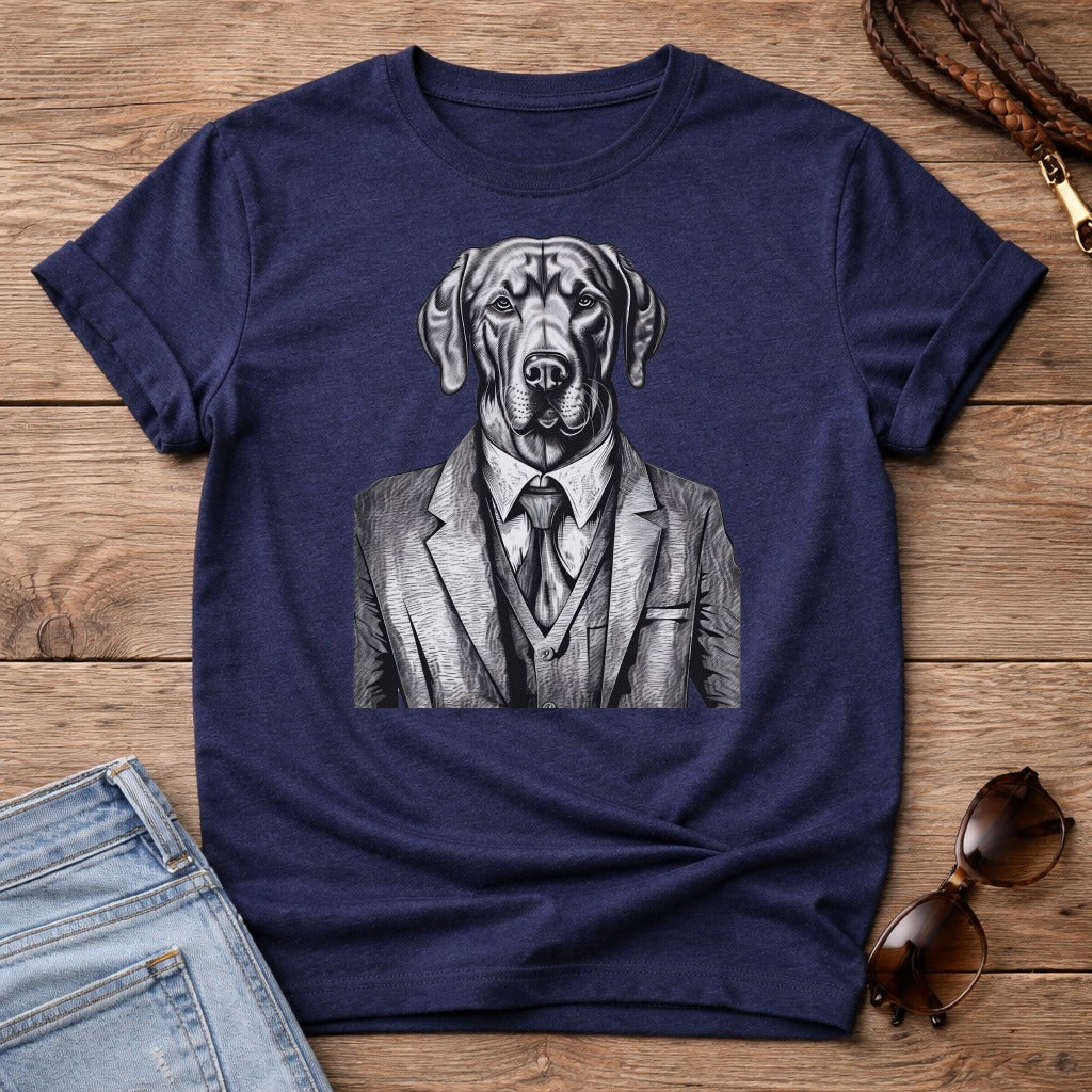 Dog wearing a suit and tie on a navy t-shirt.