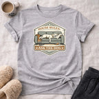 Gray t-shirt with "House Rules: Ask the Dog" graphic featuring a dog on a couch.