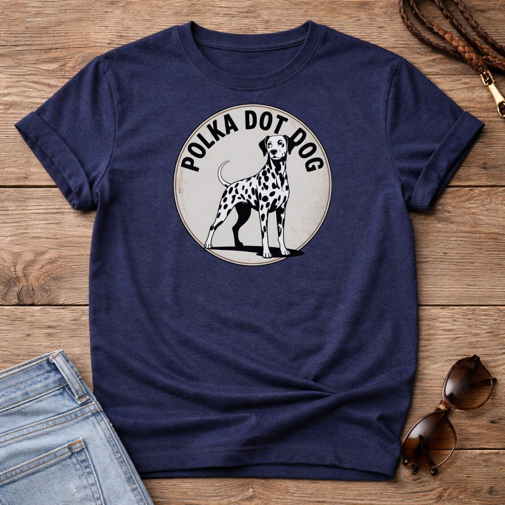 Navy t-shirt with "Polka Dot Dog" text and Dalmatian illustration.