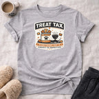 T-shirt with "Treat Tax" and dog-themed inspection graphic.