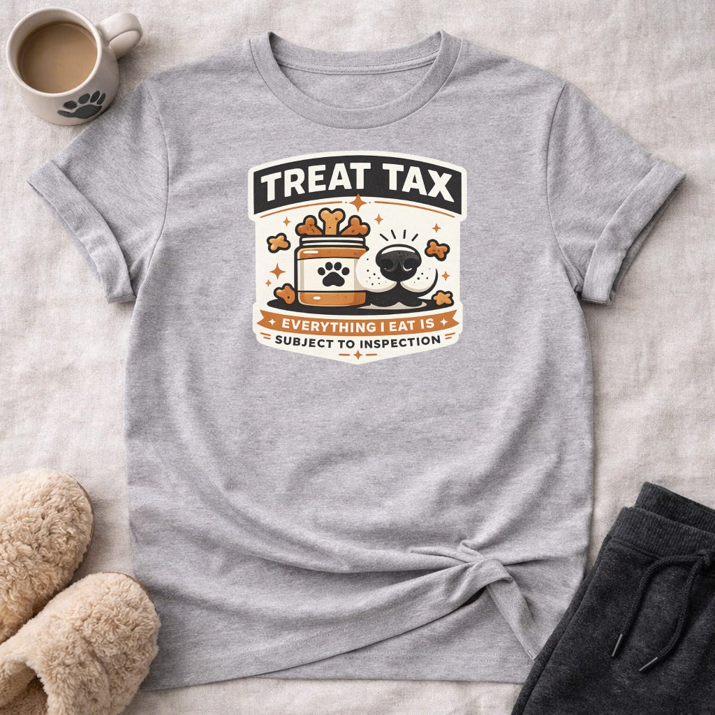 T-shirt with "Treat Tax" and dog-themed inspection graphic.