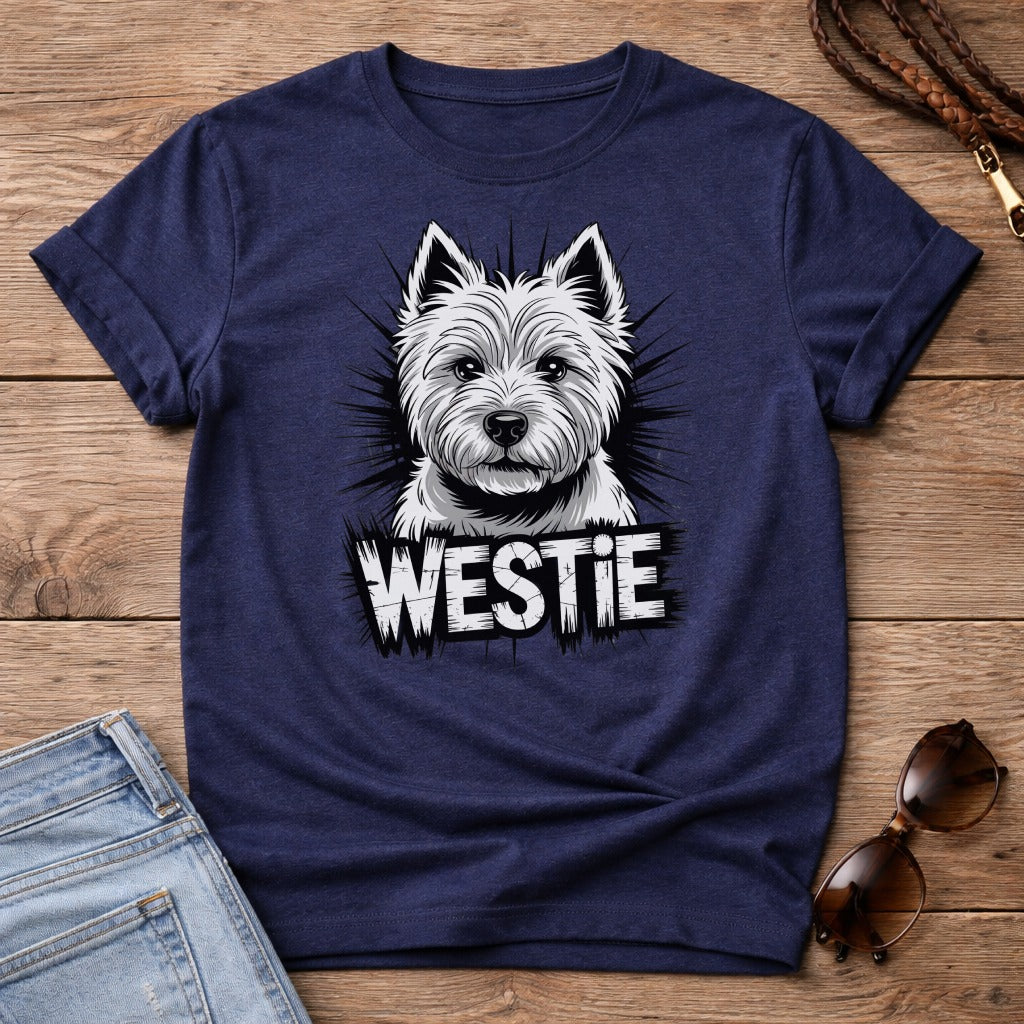 Navy t-shirt with West Highland White Terrier graphic and "WESTIE" text.