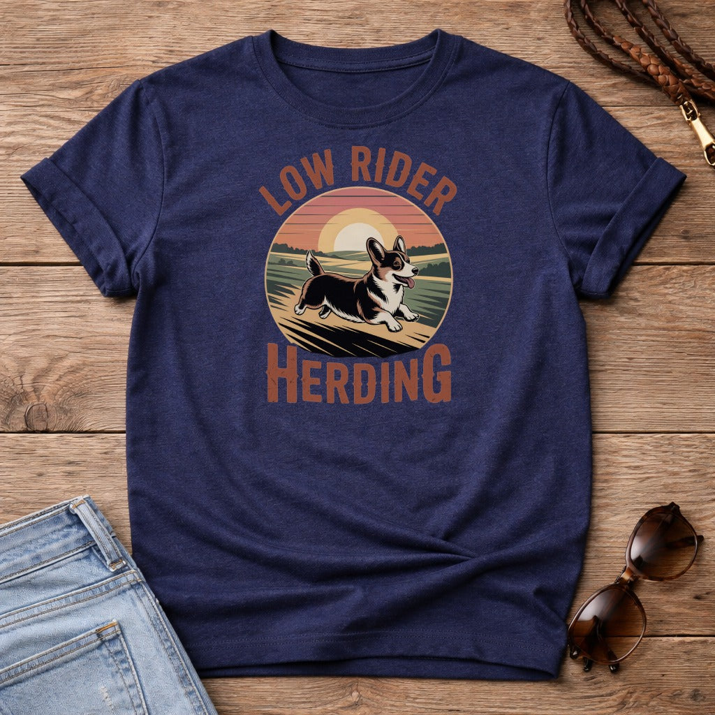 Navy t-shirt with a Corgi on a farm with "Low Rider Herding" text.