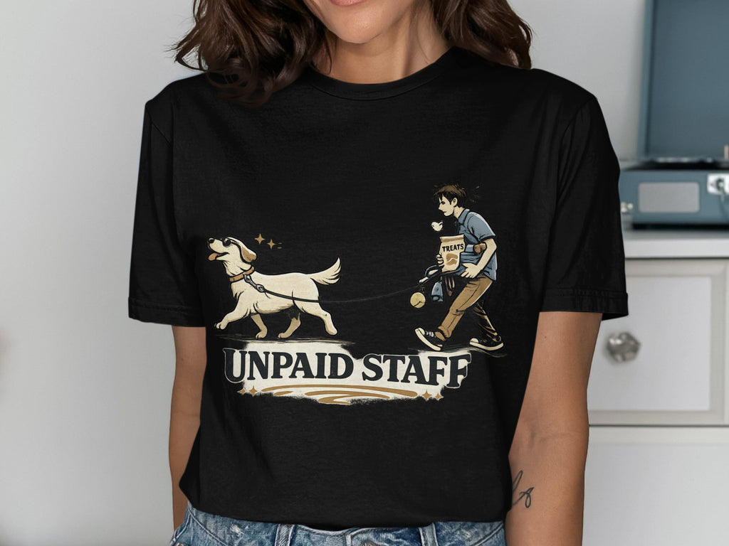 Black t-shirt with graphic of person walking dog, "UNPAID STAFF" text.