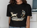 Black t-shirt with graphic of person walking dog, "UNPAID STAFF" text.