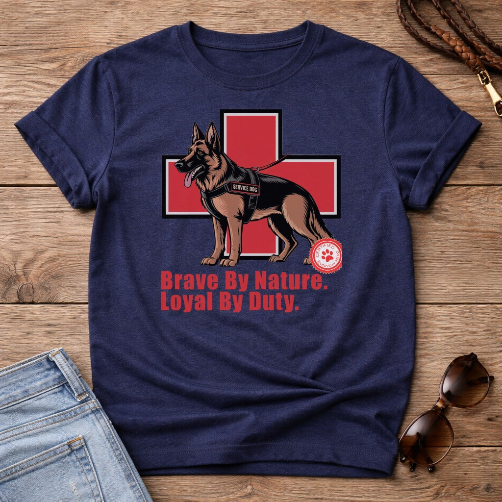 Navy t-shirt with German Shepherd wearing service dog harness and text "Brave By Nature. Loyal By Duty."