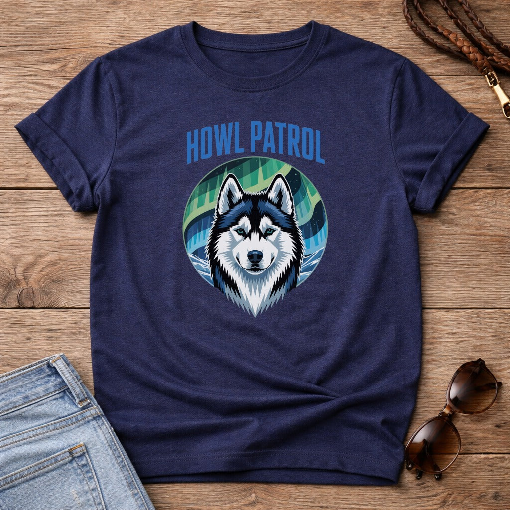 Navy t-shirt with a husky dog and "Howl Patrol" text.