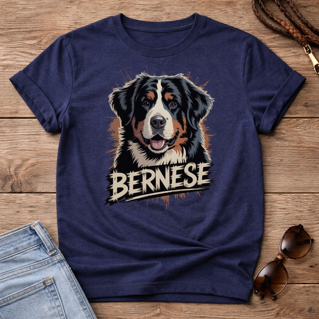 Navy t-shirt with a Bernese Mountain Dog portrait and "BERNESE" text.