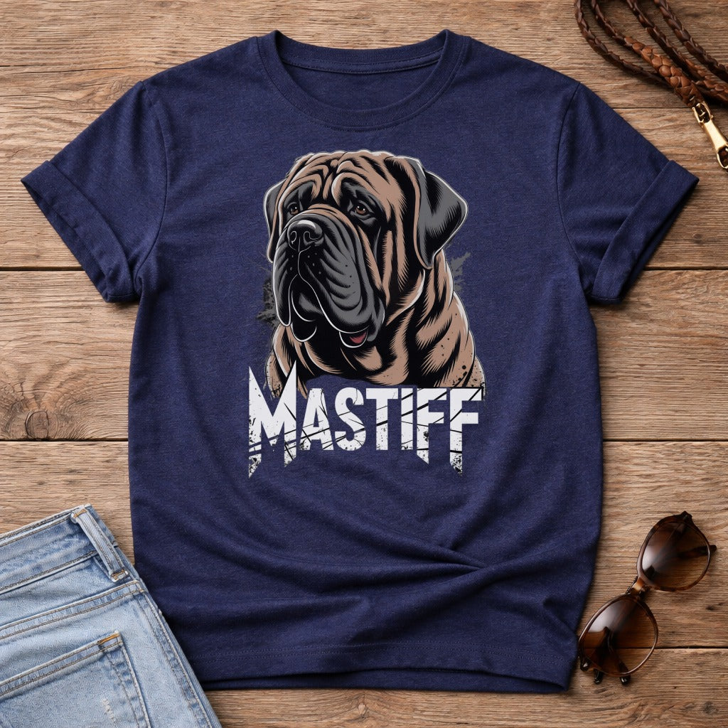 Navy t-shirt with Mastiff dog graphic and text.