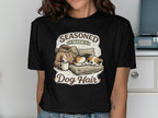 T-shirt with "Seasoned with Dog Hair" text and a dog sleeping on a pillow.