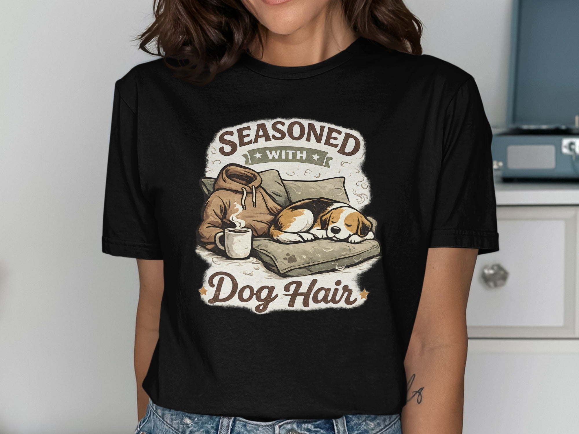 T-shirt with "Seasoned with Dog Hair" text and a dog sleeping on a pillow.