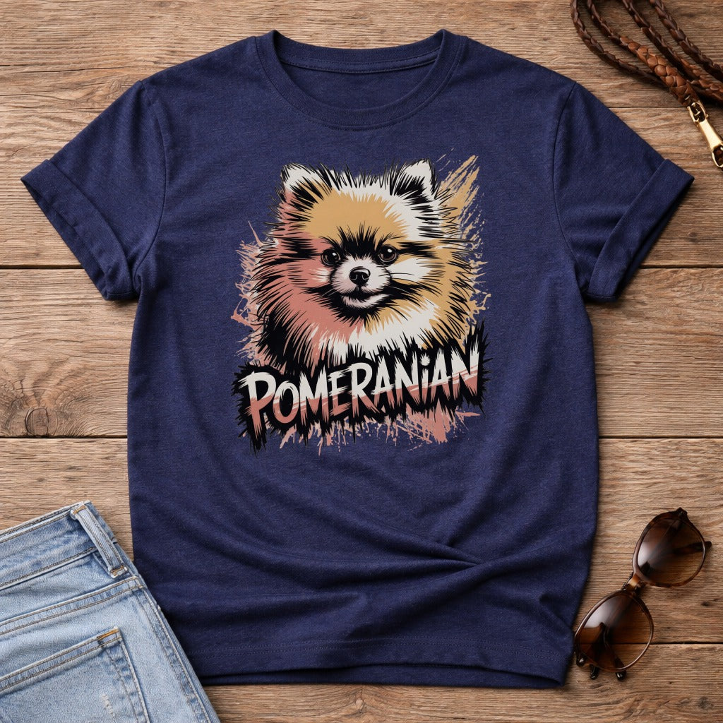 Navy t-shirt with a stylized Pomeranian dog graphic and text.