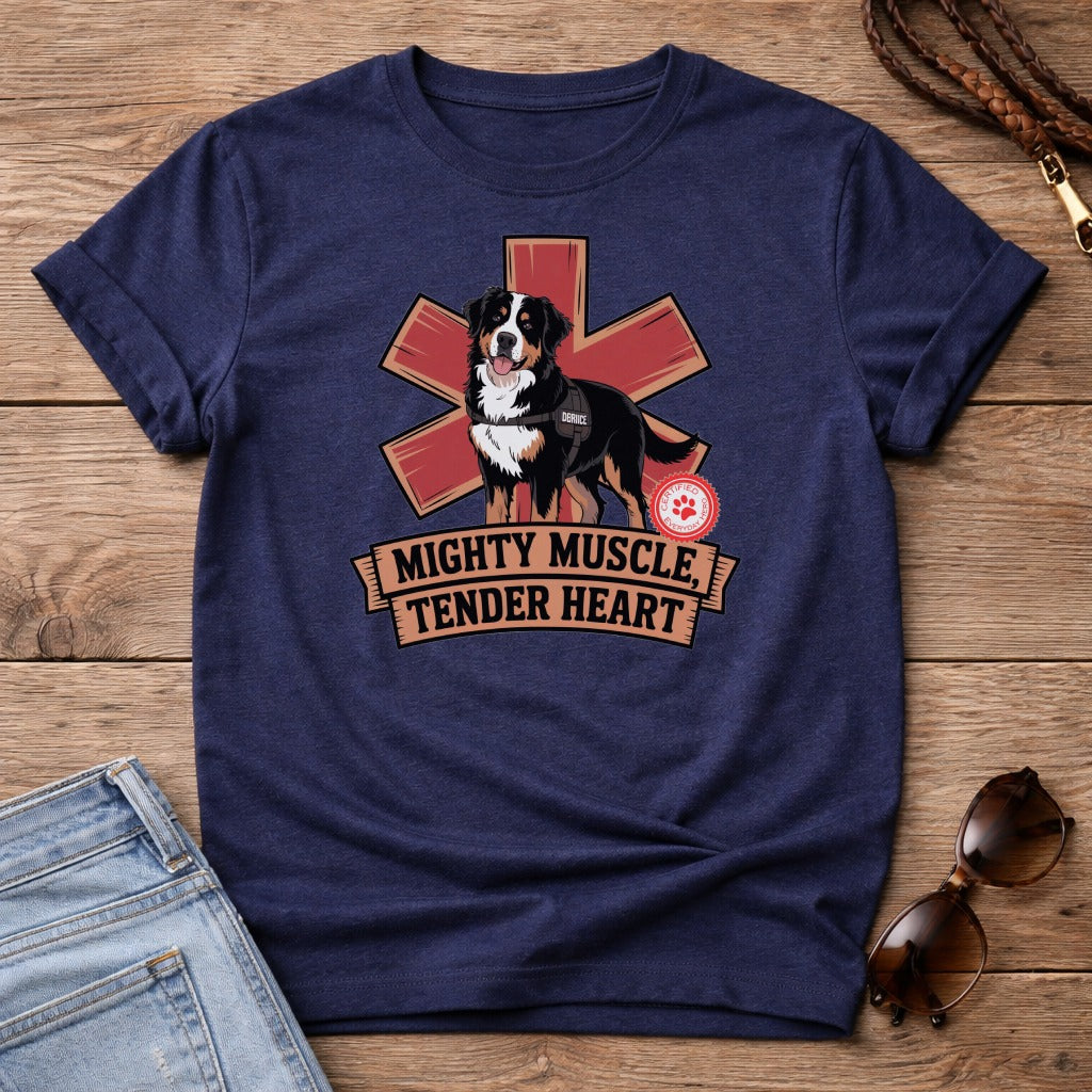Navy t-shirt with "Mighty Muscle, Tender Heart" and a Bernese Mountain Dog.