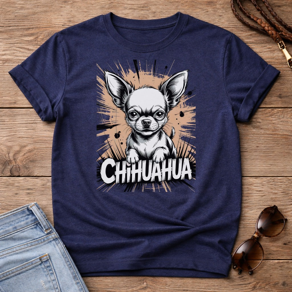 Navy t-shirt with Chihuahua graphic and text.