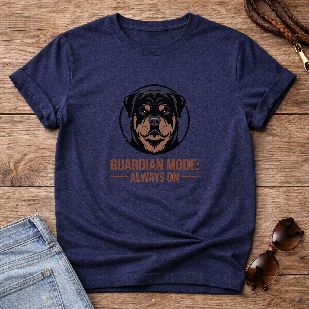 Navy t-shirt with Rottweiler head graphic and "GUARDIAN MODE: ALWAYS ON" text.