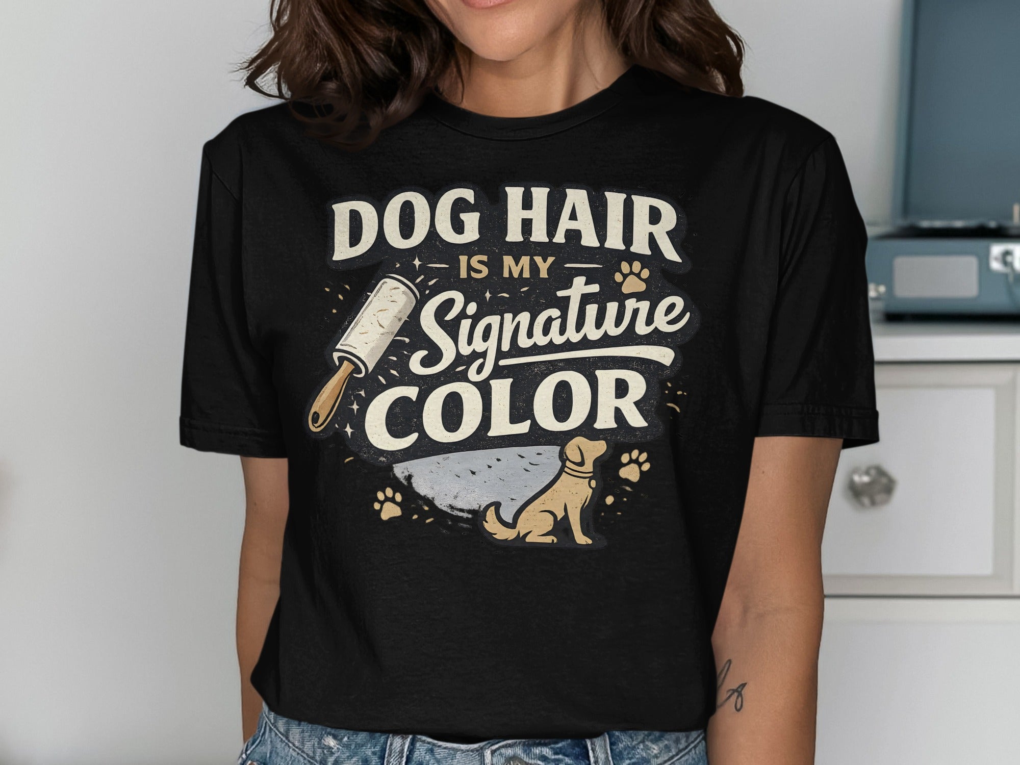 Black t-shirt with "DOG HAIR IS MY SIGNATURE COLOR" text and dog paw prints.