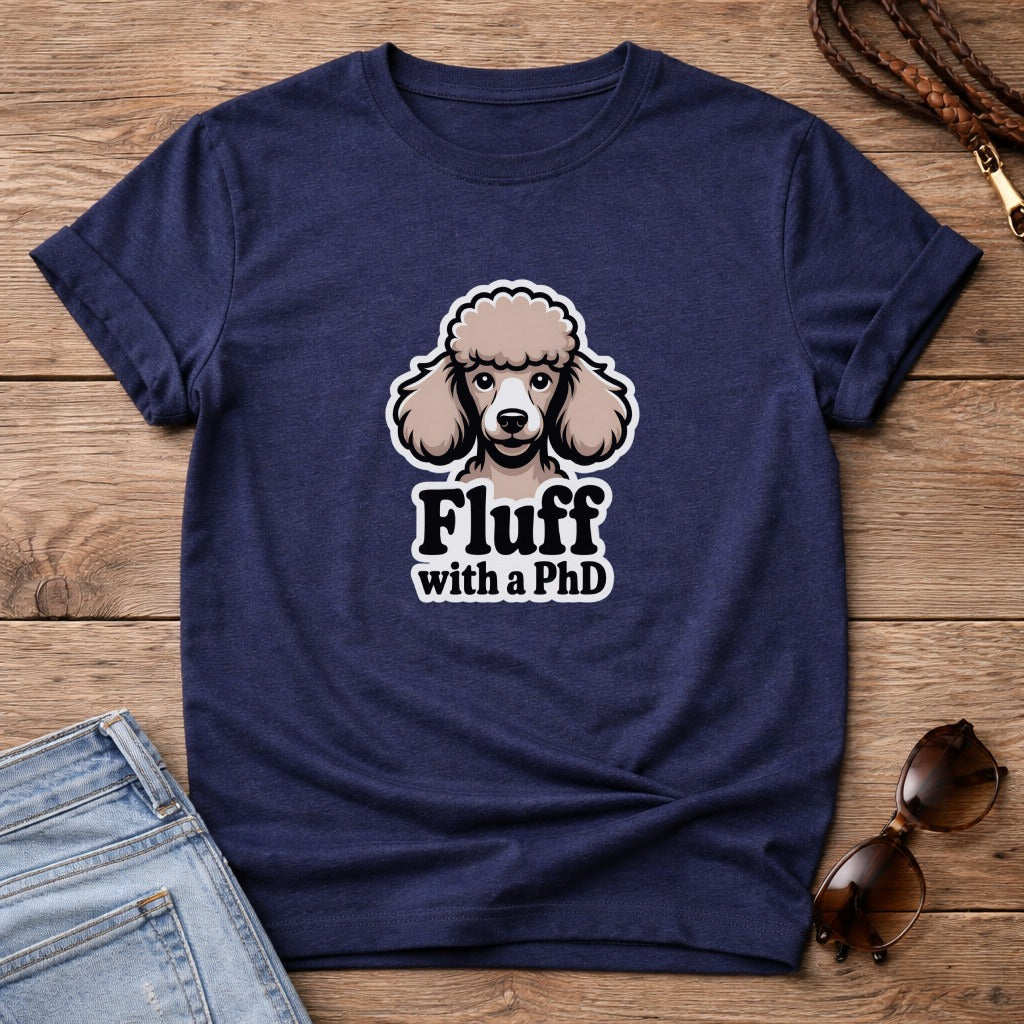 Navy t-shirt with a poodle graphic and "Fluff with a PhD" text.