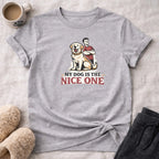 Gray t-shirt with illustration of man and dog, text "My dog is the nice one".