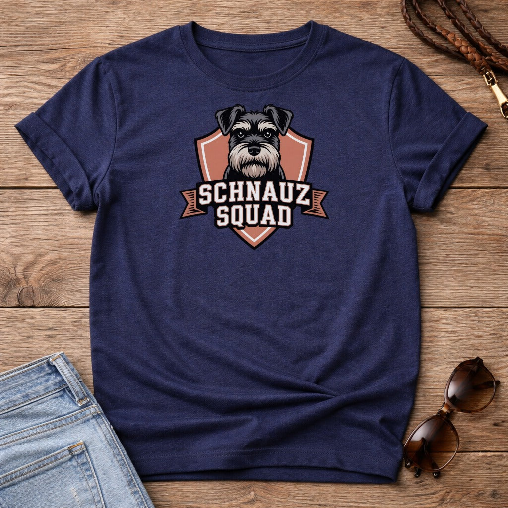 Navy t-shirt with "SCHNAUZ SQUAD" logo featuring a schnauzer's face.