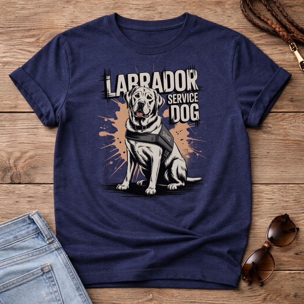 Labrador service dog graphic on a navy blue t-shirt.