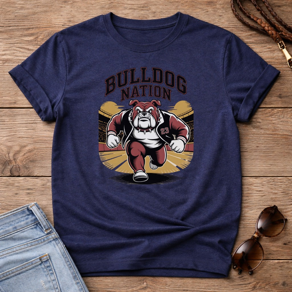 Navy t-shirt with Bulldog Nation mascot running in stadium graphic.