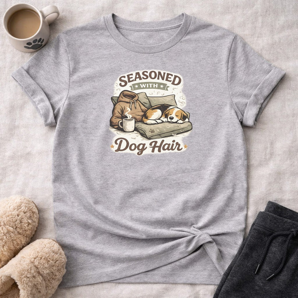 Gray t-shirt with "Seasoned with Dog Hair" text and a sleeping dog.