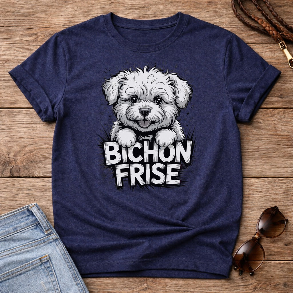 Navy t-shirt with a Bichon Frise dog illustration and text.