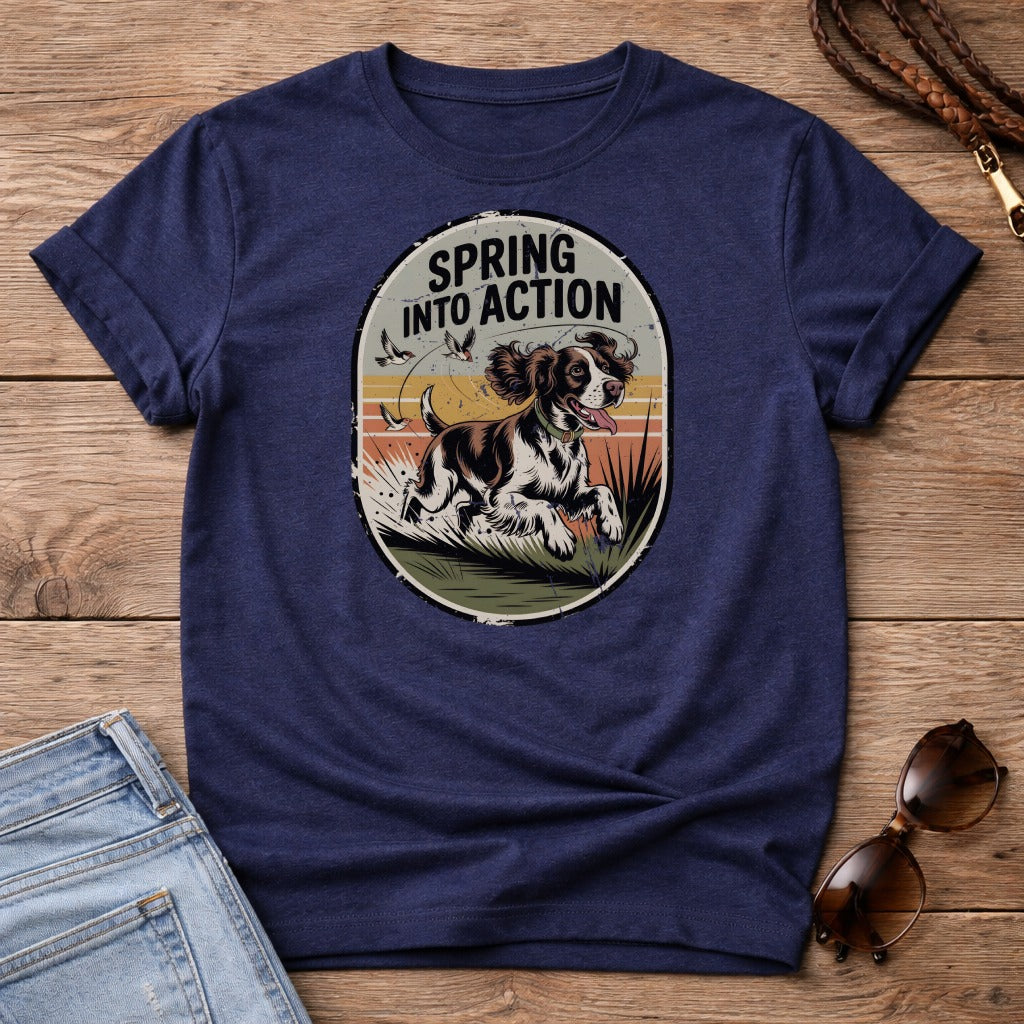 Dark blue t-shirt with oval graphic of a dog running through grass.