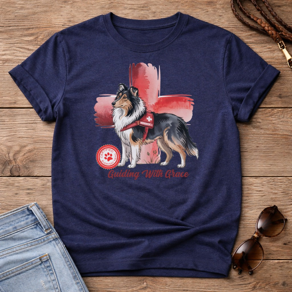Navy t-shirt with a Collie wearing a red vest and "Mendicant" text.