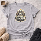 Labrador dog wearing crown on throne with text "The Real Boss".