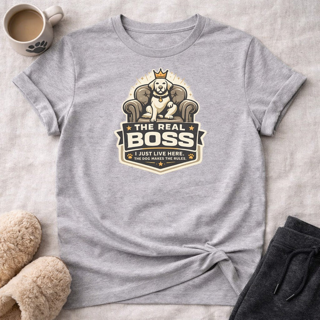 Labrador dog wearing crown on throne with text "The Real Boss".