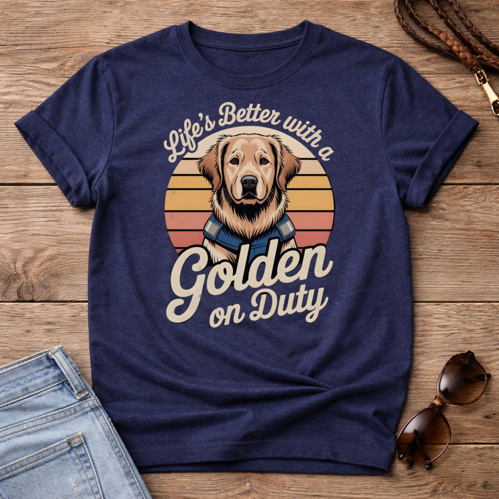 Navy t-shirt with golden retriever graphic and "Life's Better with a Golden on Duty" text.