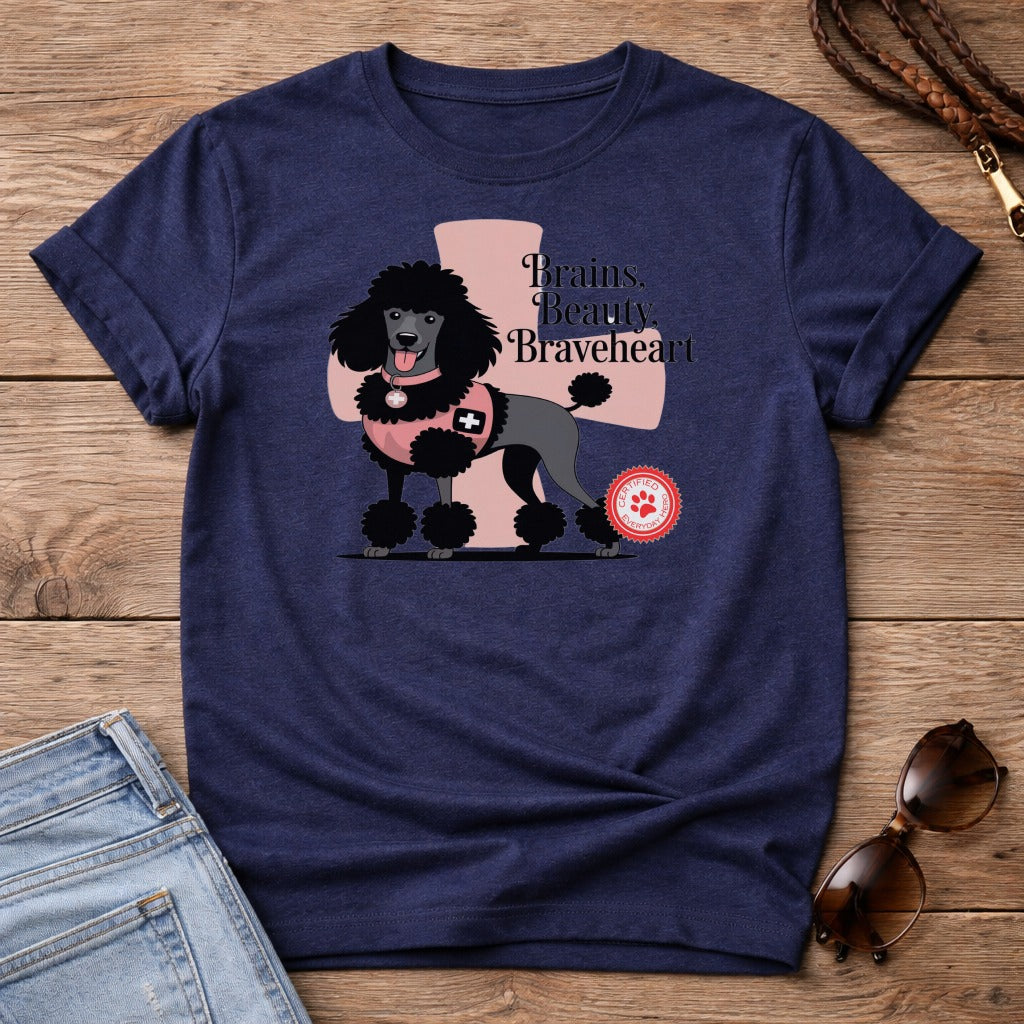 Navy t-shirt with a pink poodle wearing a vest and the text "Brains. Beauty. Braveheart."