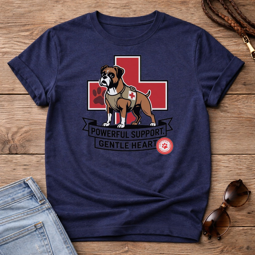 Navy t-shirt with boxer dog, red cross, and text "Powerful Support, Gentle Heart".