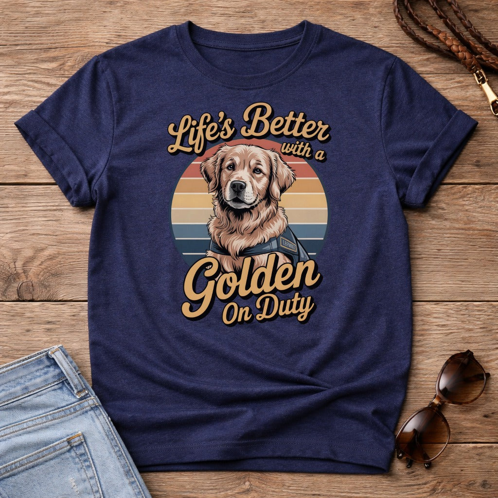 Navy t-shirt with Golden Retriever graphic and "Life's Better with a Golden On Duty" text.
