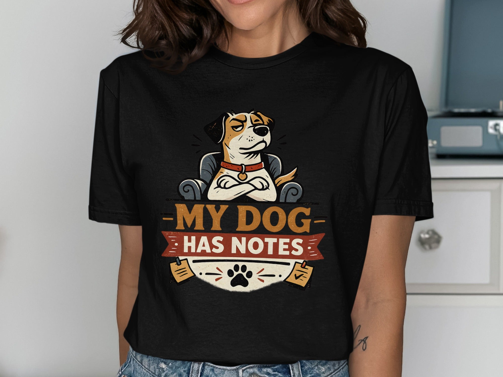 Black t-shirt with cartoon dog and "My dog has notes" text.