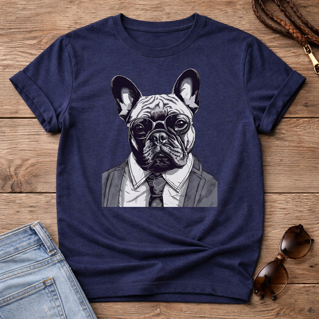 French bulldog wearing glasses and suit on a navy t-shirt.