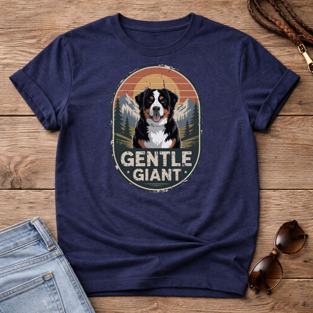 Navy t-shirt with a "Gentle Giant" Bernese Mountain Dog design.
