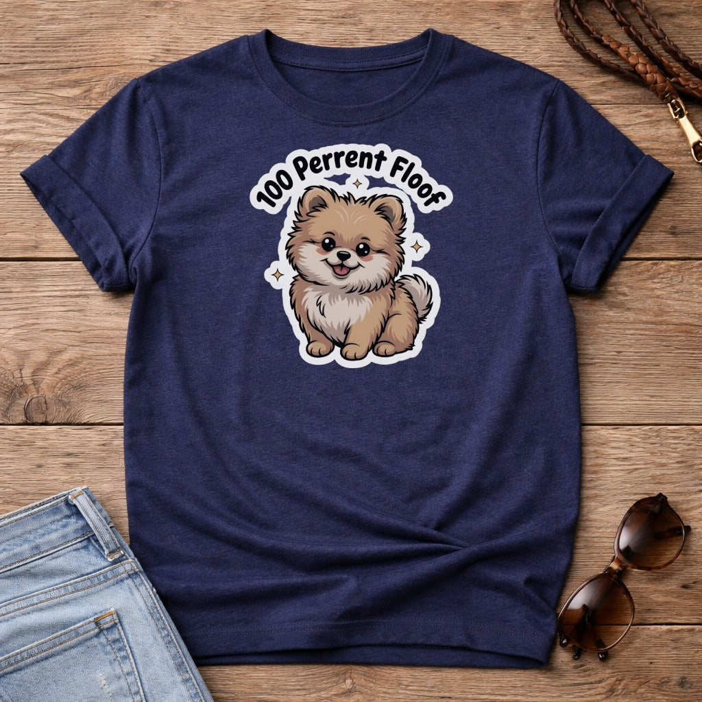 Navy t-shirt with a cartoon Pomeranian and text "100 Percent Floof".